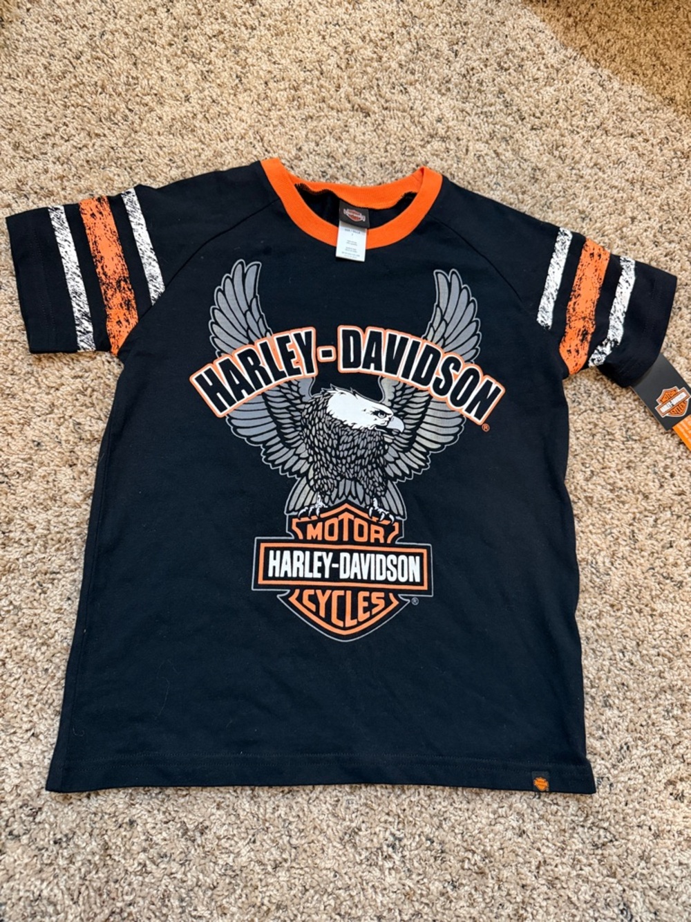 Harley-Davidson Black Tee with Orange Trim & Eagle Graphic
